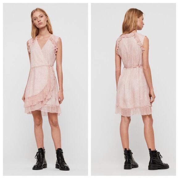 ALLSAINTS Women’s Priya Leox Dress Pink & White Polkadot Ruffle Wrap Flowy Light - Picture 2 of 10